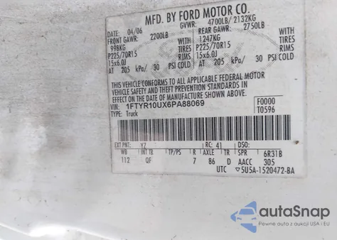 2006 Ford Ranger Sport/Stx/Xl/Xlt from USA, damaged, VIN 1FTYR10UX6PA88069